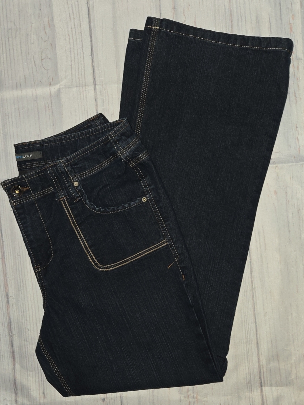 French Cuff Women's Dark Indigo Boot Cut Jeans with Contrast Stitching